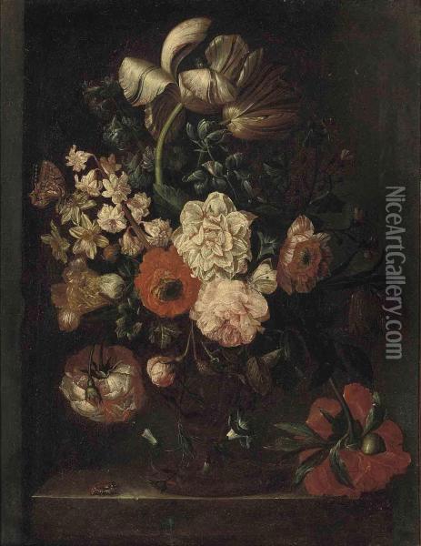 Roses, Tulips And Morning Glory In An Urn On A Stone Ledge, With Abutterfly, A Fly And A Beetle Oil Painting - Pieter III Casteels