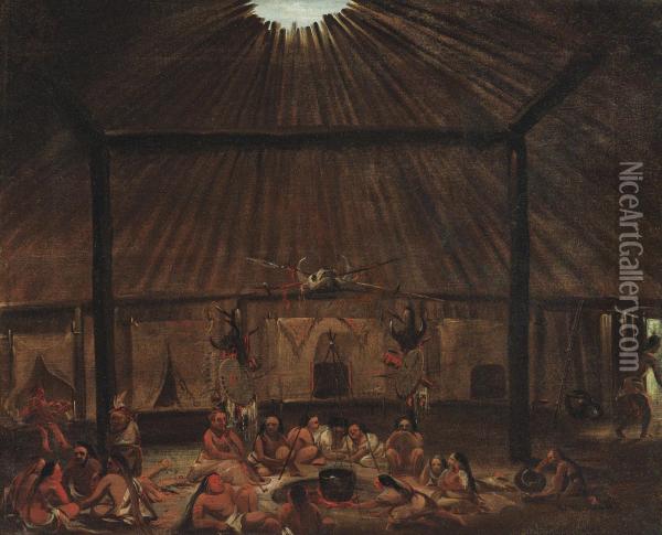 Interior Of A Mandan Lodge Oil Painting - George Catlin