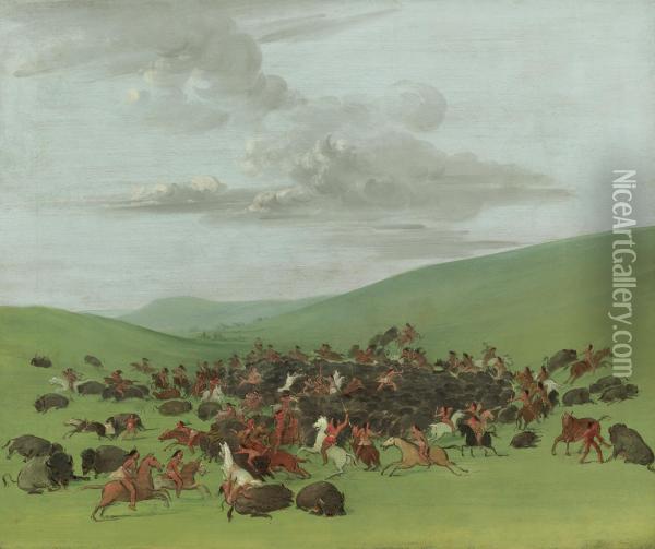Buffalo Chase, A Surround By The Hidatsa Oil Painting - George Catlin