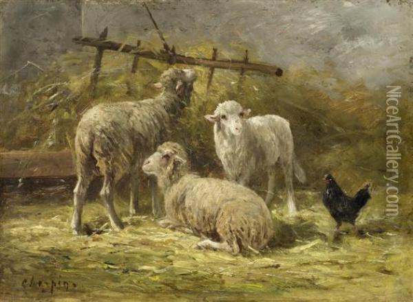 Three Sheep In A Barn Oil Painting - Albert Charpin