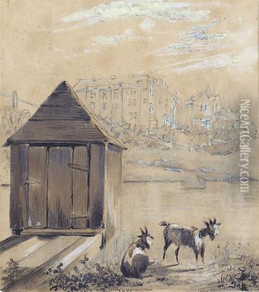 Flusspartie Mit Badehaus Und Zwei Ziegen Oil Painting - Ciceri, Eugene