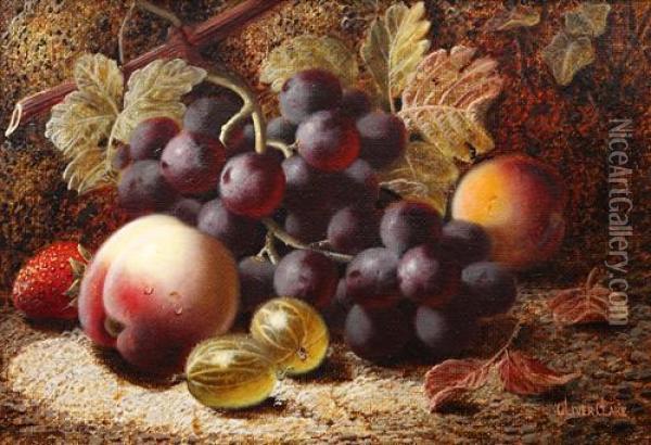 Still Life Of Grapes, Gooseberries, A Peach And A Strawberry On A Mossy Bank Oil Painting - Oliver Clare