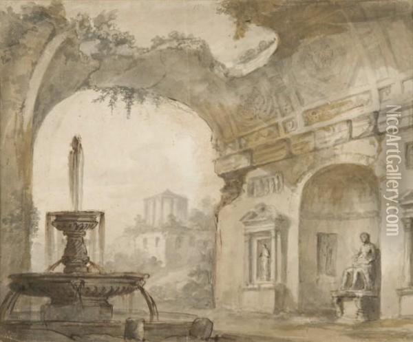 Interieur De Temple En Ruines Avec Une Vasque Oil Painting - Charles Louis Clerisseau