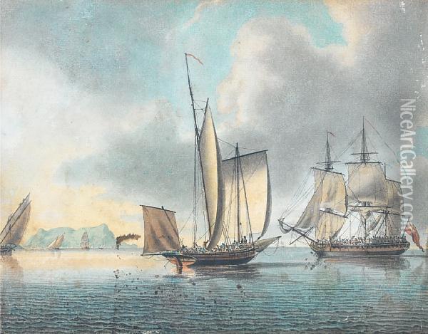 A Three-masted Naval Lugger Approaching An English Frigate Off Gibraltar Oil Painting - John the Younger Cleveley