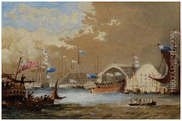 Launching A Frigate At Chatham Oil Painting - John the Younger Cleveley