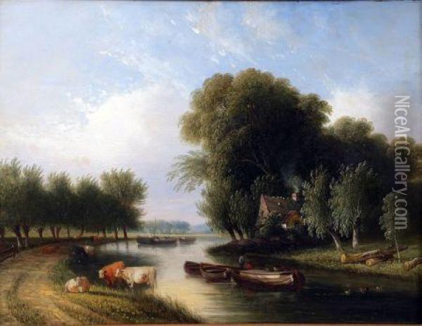 Extensive River Landscape With Figures, Boats And Cattle, Cottage Beyond Oil Painting - Samuel David Colkett