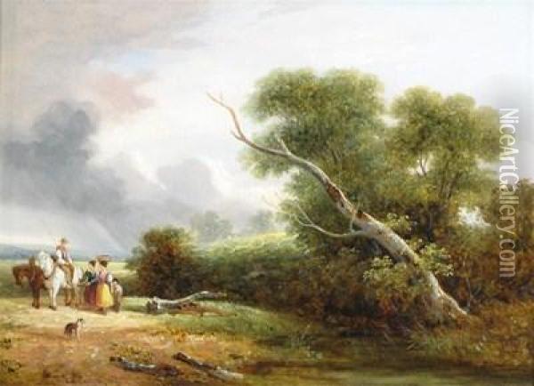 Travellers On A Path In A Wooded Landscape Oil Painting - Samuel David Colkett