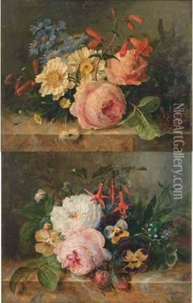 1-bouquet De Fleurs Aux Roses Et Pensees Sur Un Entablement Oil Painting - Louis Aristide Leon Constans