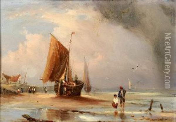 Dutch Fishing Vessel Drying Its Sails On The Beach Oil Painting - Edward William Cooke