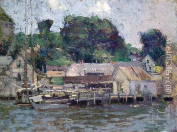 A 
Dock With Gray Houses, Gloucester Harbor Oil Painting - Paul Cornoyer