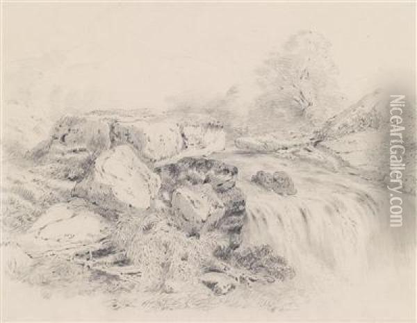 /attributed Landschaftsstudie Mit Einem Wasserfall Oil Painting - Jean-Baptiste-Camille Corot