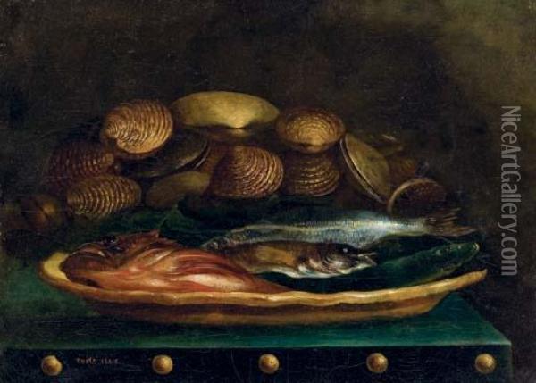 Nature Morte, Poissons Et Coquillages Sur Un Entablement Oil Painting - Joseph Gaspard Coste
