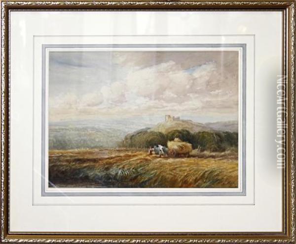 Rural Landscape With Haycart, Hilltop Castle In The Distance Oil Painting - David Cox