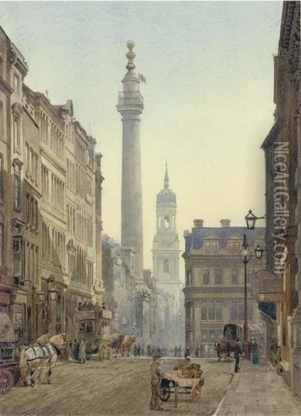 The Monument From Gracechurch Street Oil Painting - John Crowther
