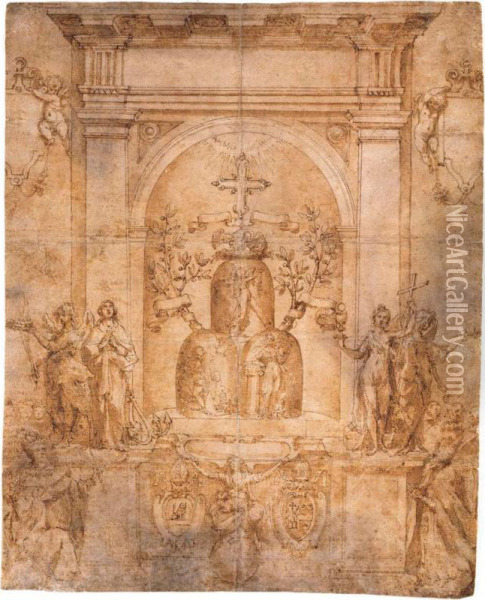 Disegno Per Stendardo Religioso Con Varie Figure Allegoriche E Santi Oil Painting - Francesco Curia