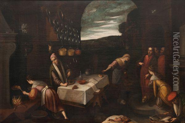 Le Christ Dans La Maison De Marthe, Marie Et Lazare Oil Painting - Jacopo Bassano (Jacopo da Ponte)