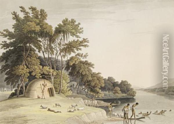 'a Korah Hottentot Village On The Left Bank Of The Orange River' Oil Painting - Samuel Daniell