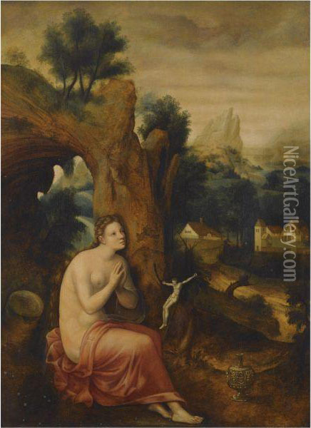 The Penitent Magdalene, In An Extensive Landscape Oil Painting - Herri met de Bles