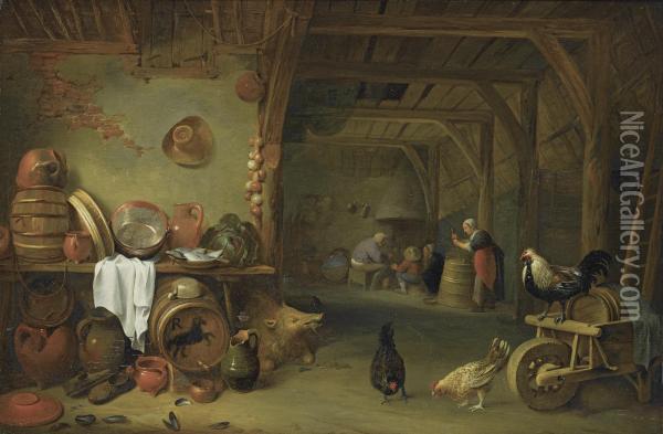 A Barn Interior With A Still Life Of Fish On A Plate, A Cabbage, Earthenware And Copper Pots And Pans And Other Kitchen Utensils, Together With A Boar And Three Chickens, A Group Of Peasants In The Background Oil Painting - Pieter de Bloot