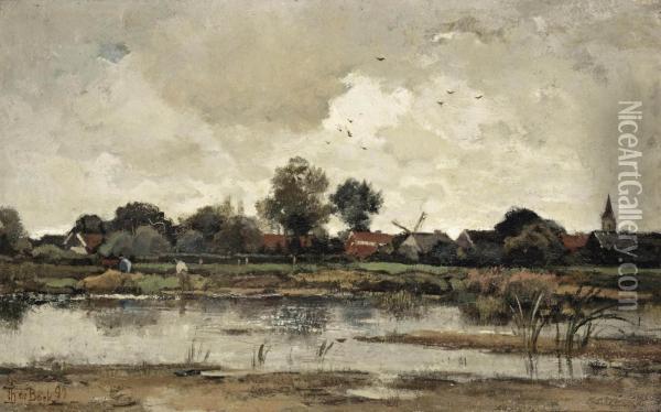 Achter Het Dorp; A River Landscape Oil Painting - Theophile Emile Achille De Bock