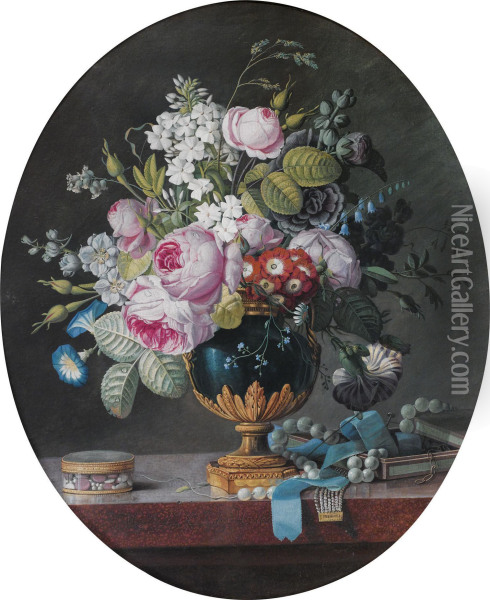 Nature Morte Au Bouquet De Fleurs Et Au Collier De Perle Sur Unentablement De Marbre Oil Painting - Marie, Comtesse De Bruhl