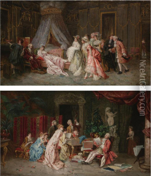 Los Invitados; El Recital: Una Pareja (the Visitors; The Recital: A Pair) Oil Painting - Jose De Cala Y Moya