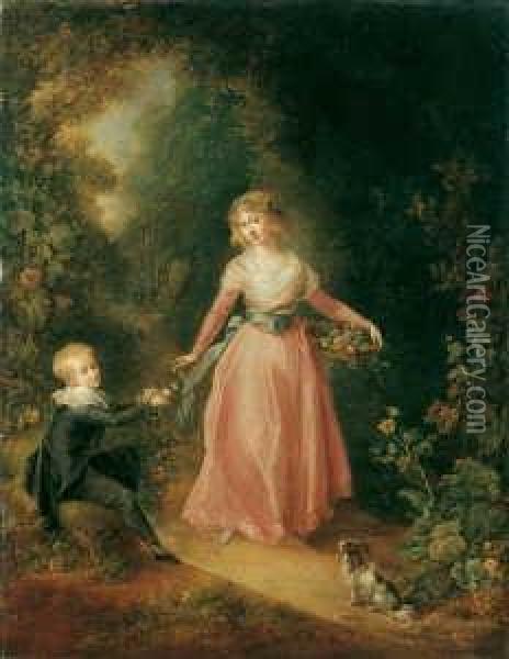Junge Frau In Einem Park, Die Einem Knaben Rosen Aus Einem Korb Reicht. Oil Painting - P. De Glimes