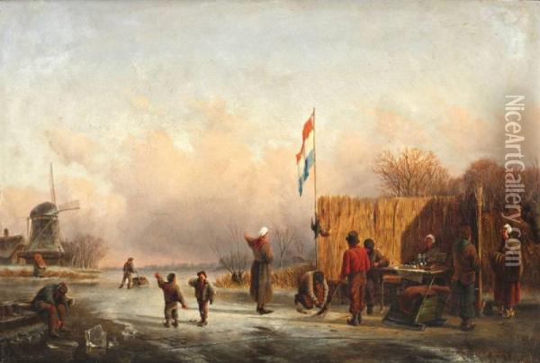 Winterlandschap Met Schaatsenrijders Bij Koek En Zopie Oil Painting - Willem De Haas Hemken