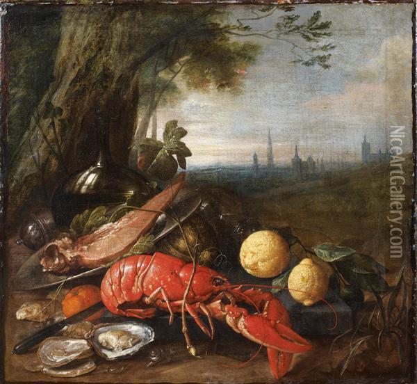 Nature Morte Au Homard Et Citrons Dans Un Paysage Devant La Ville D'anvers Oil Painting - Cornelis De Heem