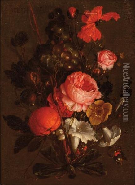 Bouquet De Fleurs Noue Avec Clementineet Grappe De Raisins Oil Painting - David Cornelisz. de Heem