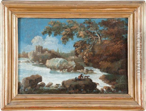 Paesaggio Fluviale Con Viandante Seduto Su Una Roccia Oil Painting - Alessio De Marchis