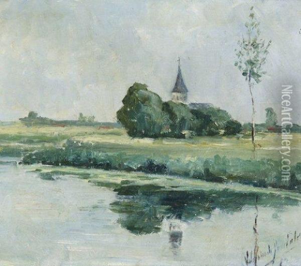 Paysage Fluvial Avec L'eglise De Laethem Saint Martin Oil Painting - Valerius De Saedeleer