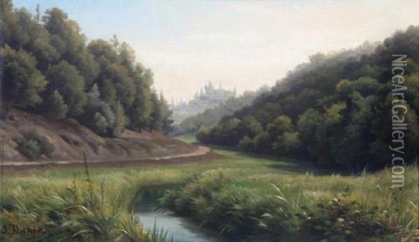 Blick Auf Schloss Braunfels In Hessen, Im Vordergrund Weite Bewaldete Landschaft Oil Painting - Johannes Christian Deiker
