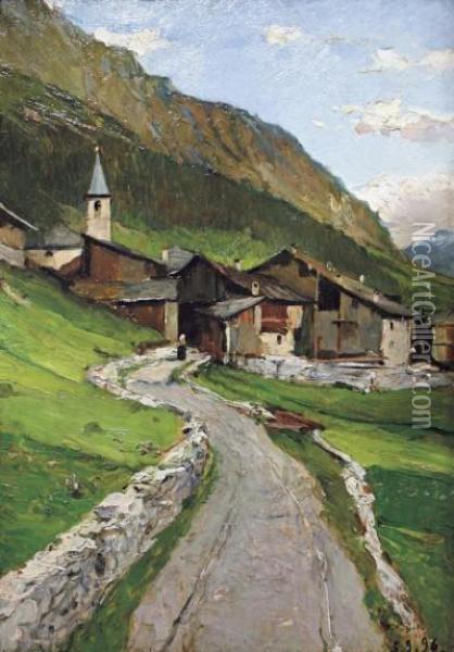 Borgo Alpino Oil Painting - Lorenzo Delleani