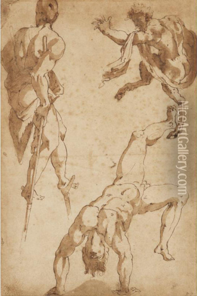 [follower Of Rosso Fiorentino ; Studies Of Figures And A Faun ; Pen And Brown Ink And Wash ; Bears Numbering In Brown Ink, Lower Right: 52 ] Oil Painting - Fiorentino Rosso