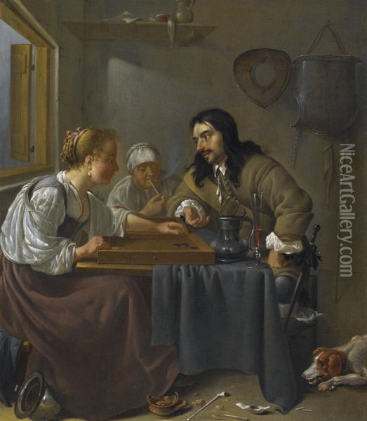 A Couple Playing Backgammon Oil Painting - Jacob Duck