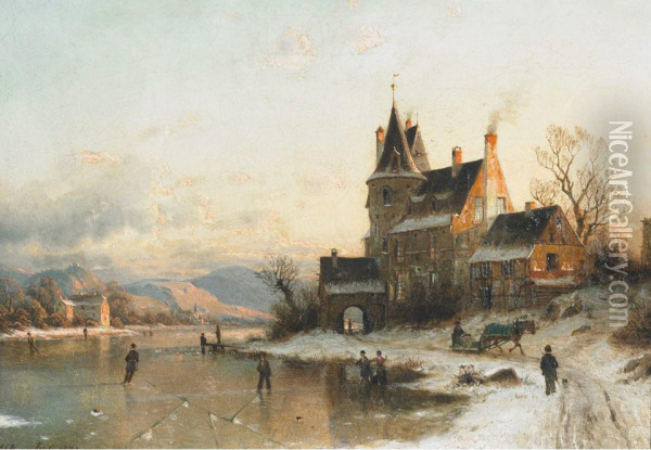 Villagers Skating On A Frozen Pond Oil Painting - Johannes-Bertholomaus Dutntze