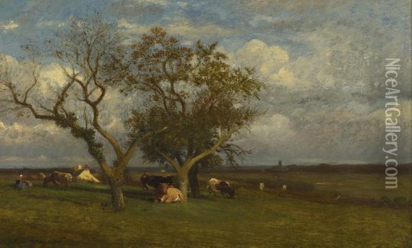 Landscape With Cows Oil Painting - Jules Dupre
