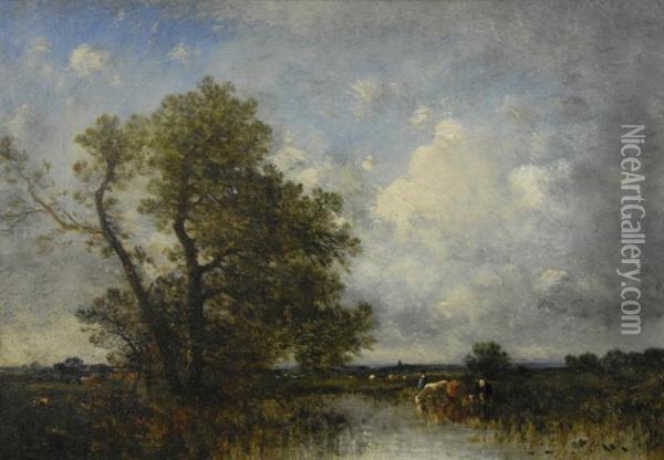 Landscape With Cows By A River Oil Painting - Jules Dupre