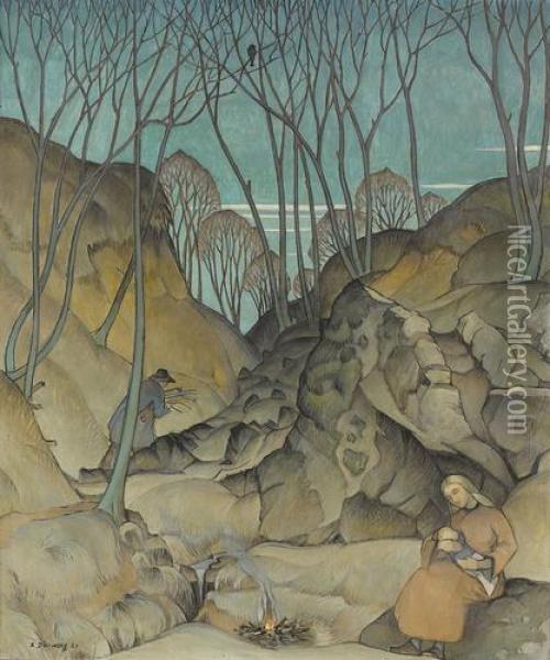 Heilige Familie Auf Der Rast In Winterlichem Wald Oil Painting - Rudolf Durrwang