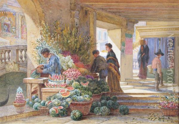 Watermelon Seller In A Venetian Market Oil Painting - Charles Earle