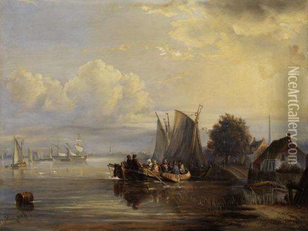 Seeuferlandschaft Mit Anliegendensegelbooten Und Einem Vollbesetzten Kahn Oil Painting - Egidius Linnig