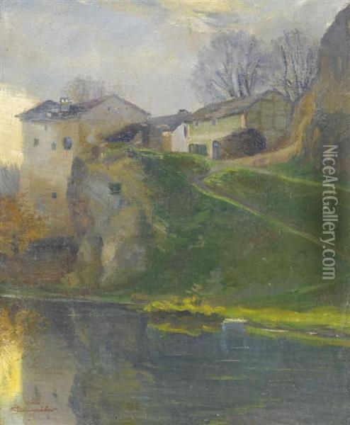 Village By A River. Oil Painting - Felix Eisengraber