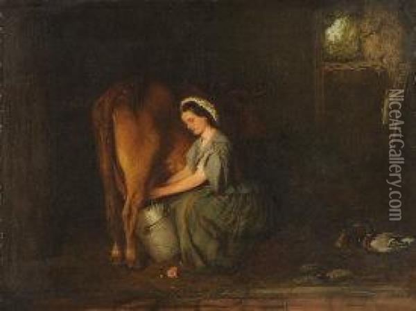 Milking Time: Young Woman Wearing A Laceedged Cap And Blue Gown Milking A Cow In A Stone Byre Oil Painting - Henry Hetherington Emmerson