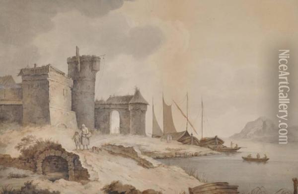 Figures Beside Castle Ruins On The Coast Oil Painting - Anthony Vandyke Copley Fielding