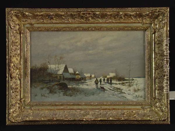 Winterliches Dorf Mit Jager Oil Painting - August Fink
