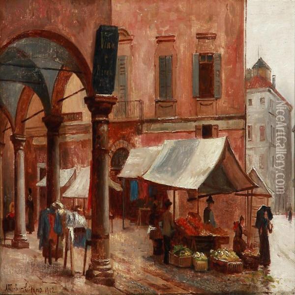 A Market In Lugano, Switzerland Oil Painting - August Fischer