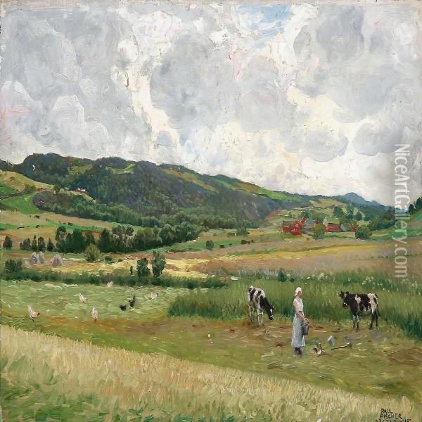 Green Fields Near Bastad In Sweden, In The Foreground A Milkmaid And Two Cows Oil Painting - Paul-Gustave Fischer
