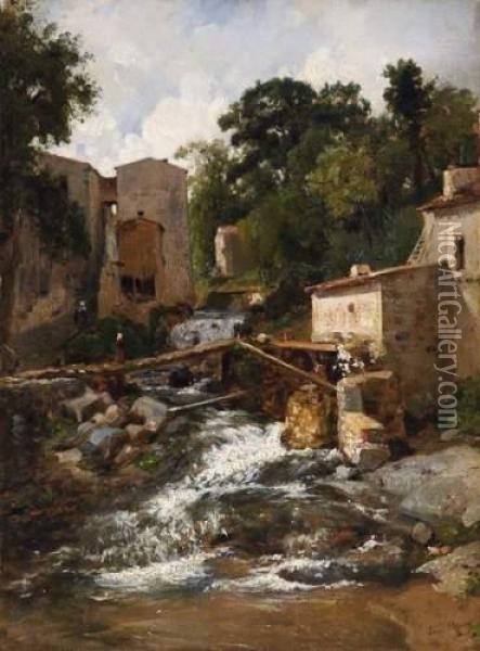 Jetty Over A Brook In A Village Oil Painting - Leon Fleury