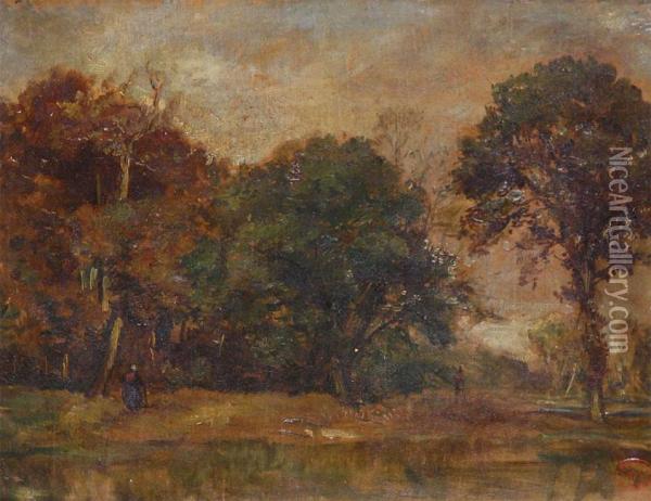 Wooded Landscape With Strolling Figures Oil Painting - Theodore Fourmois